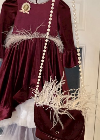 Kız Çocuk Bordo Uzun Kollu kadife çanta detaylı beyaztüy detaylı - Görsel 9