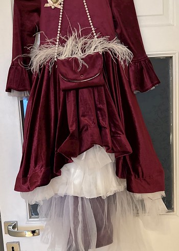 Kız Çocuk Bordo Uzun Kollu kadife çanta detaylı beyaztüy detaylı - Görsel 11