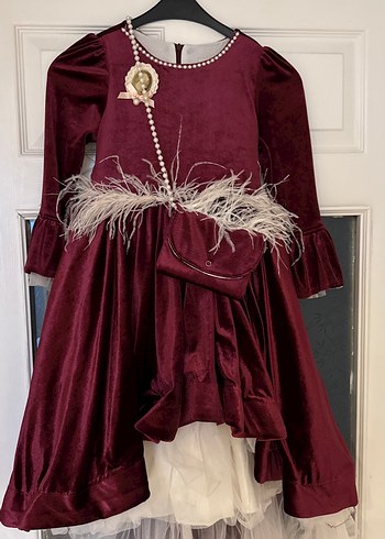 Kız Çocuk Bordo Uzun Kollu kadife çanta detaylı beyaztüy detaylı - Görsel 2