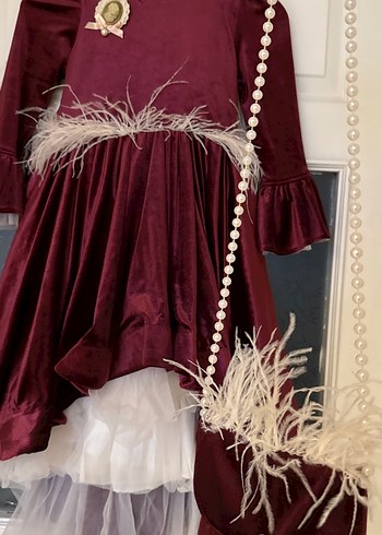 Kız Çocuk Bordo Uzun Kollu kadife çanta detaylı beyaztüy detaylı - Görsel 10