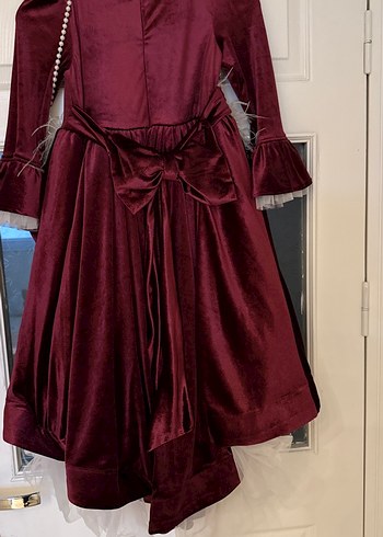 Kız Çocuk Bordo Uzun Kollu kadife çanta detaylı beyaztüy detaylı - Görsel 8