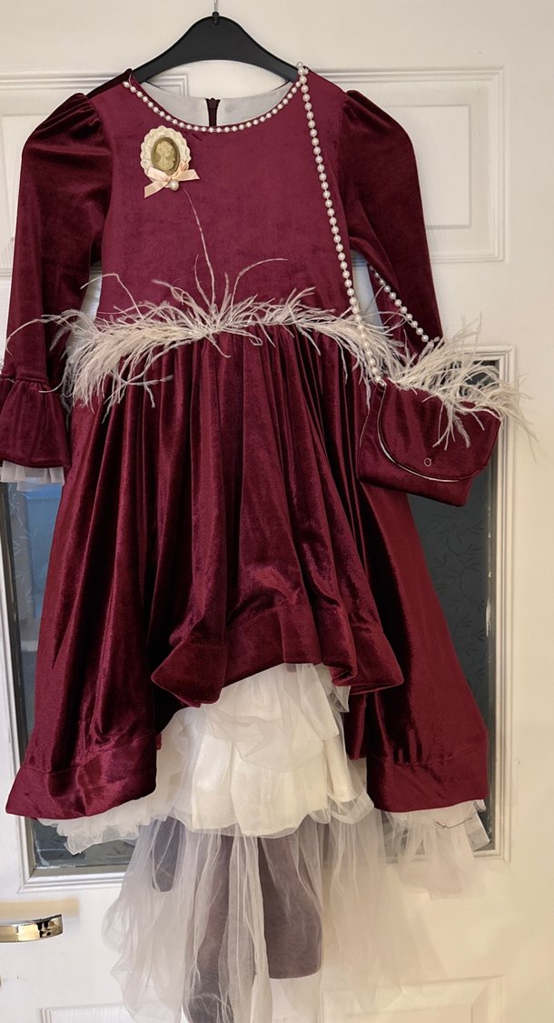 Kız Çocuk Bordo Uzun Kollu kadife çanta detaylı beyaztüy detaylı - Görsel 3