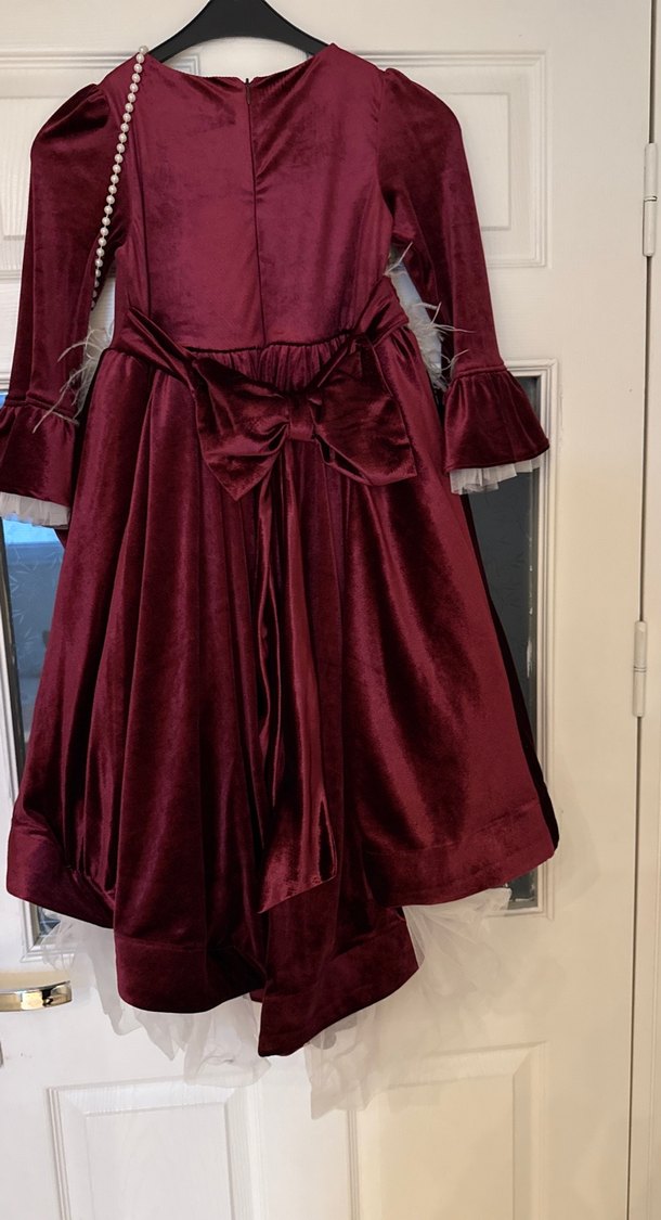 Kız Çocuk Bordo Uzun Kollu kadife çanta detaylı beyaztüy detaylı - Görsel 5