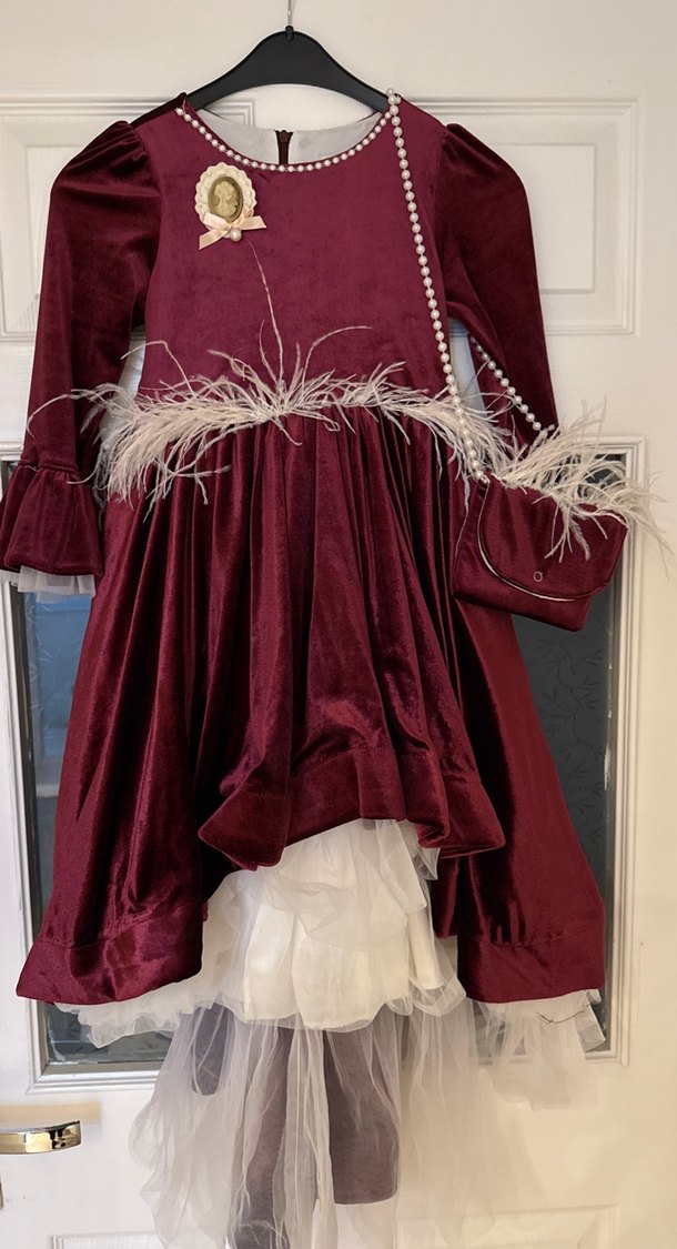 Kız Çocuk Bordo Uzun Kollu kadife çanta detaylı beyaztüy detaylı - Görsel 4