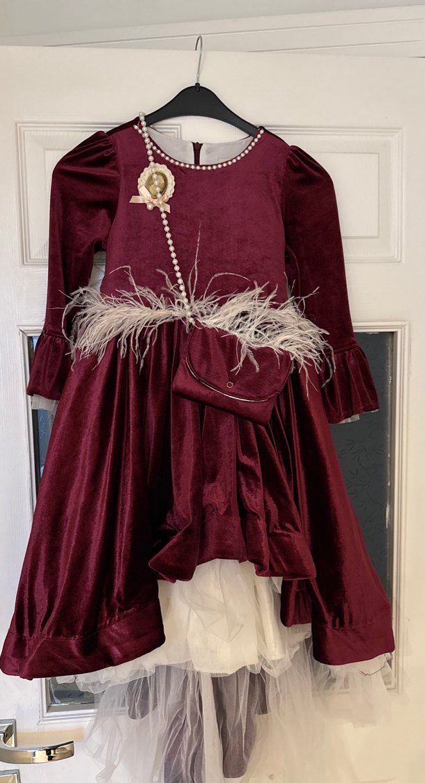 Kız Çocuk Bordo Uzun Kollu kadife çanta detaylı beyaztüy detaylı - Görsel 2