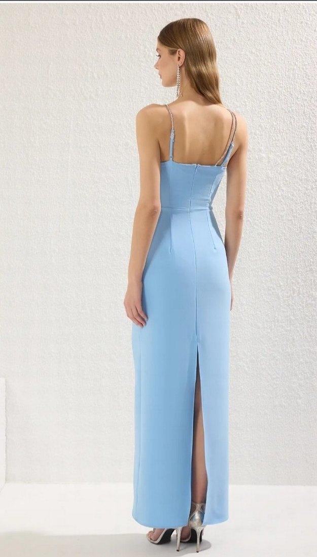 Mavi Uzun Askılı Drapeli Kadın Elbise - Görsel 3