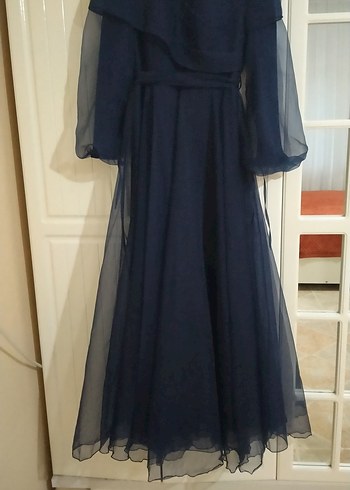 Uzun Lacivert Drapeli Kadın Abiye Elbise - Görsel 2