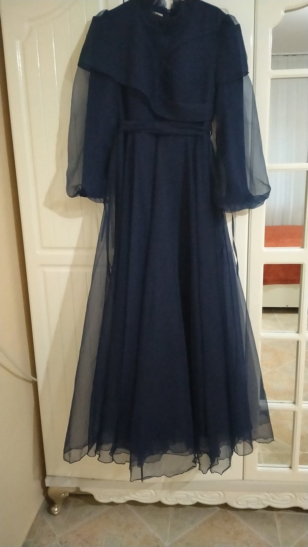 Uzun Lacivert Drapeli Kadın Abiye Elbise - Görsel 2