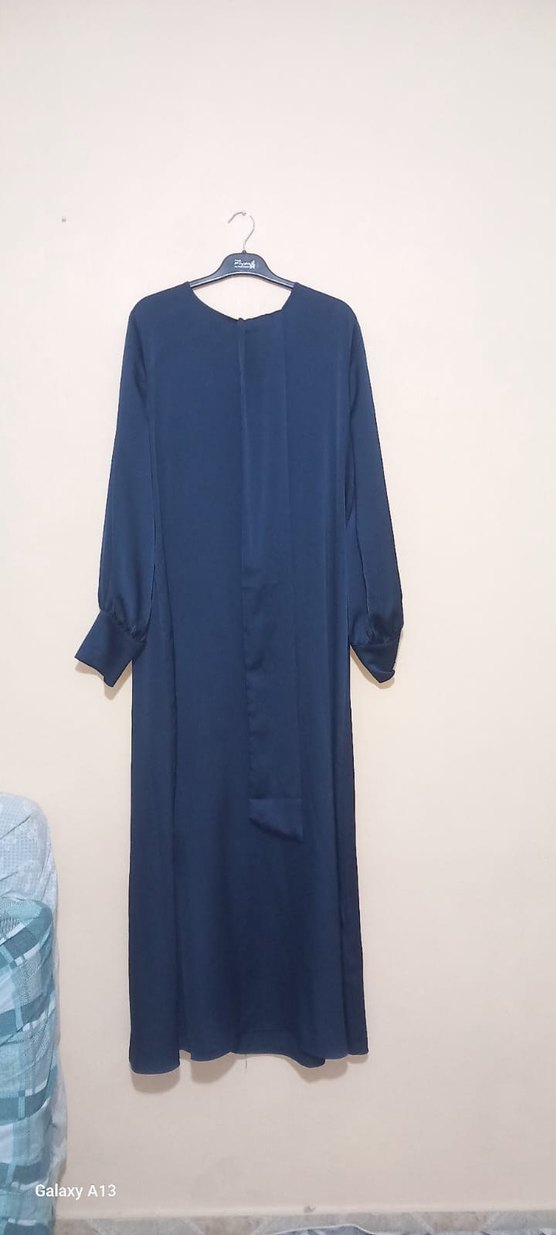 Lacivert Uzun Kollu Salaş saten elbise - Görsel 2