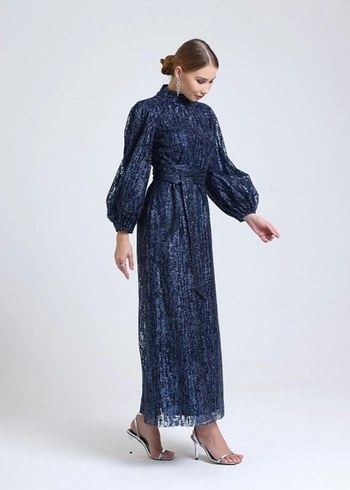 Navy Renkli Uzun Kollu Pilili Abiye Elbise - Görsel 2