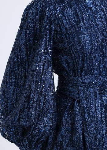 Navy Renkli Uzun Kollu Pilili Abiye Elbise - Görsel 3