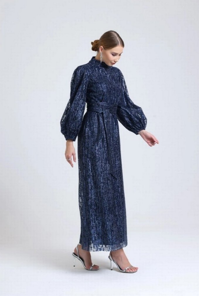 Navy Renkli Uzun Kollu Pilili Abiye Elbise - Görsel 2