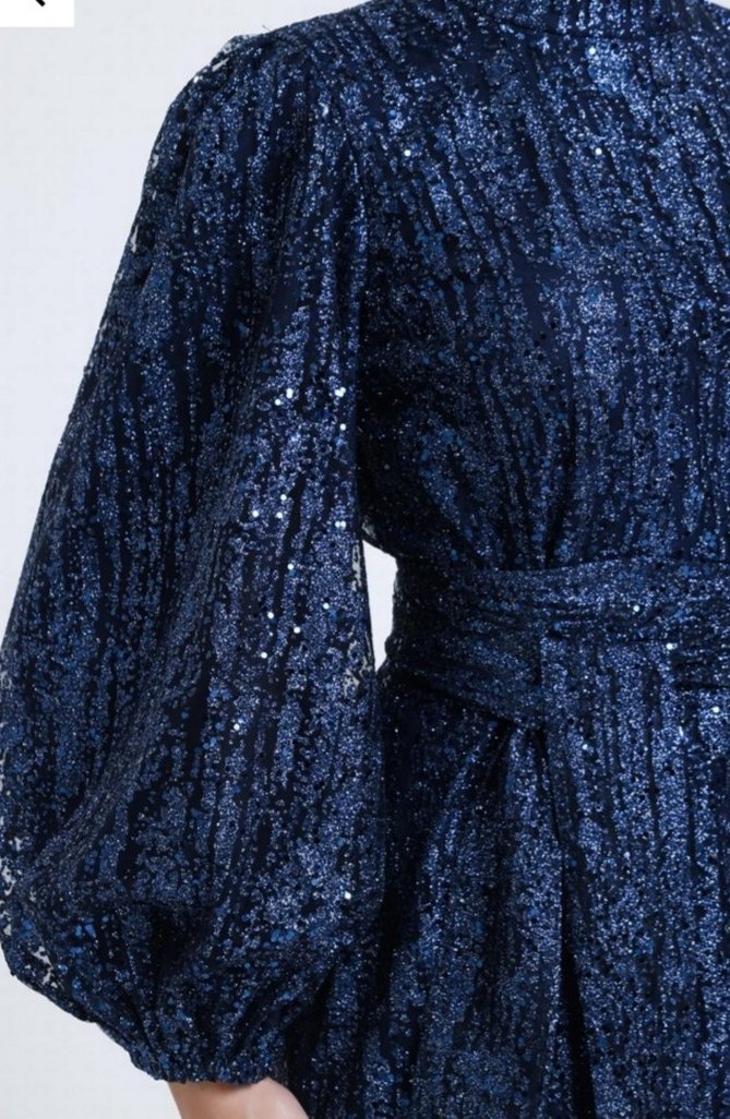 Navy Renkli Uzun Kollu Pilili Abiye Elbise - Görsel 3