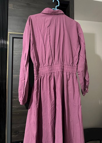 Düğmeli Uzun Keten Mor Elbise - Görsel 3