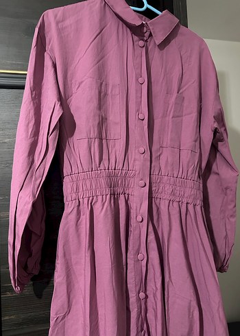 Düğmeli Uzun Keten Mor Elbise - Görsel 2