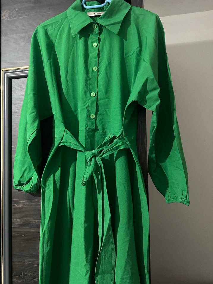 Uzun Yeşil V Yaka Salaş Elbise - Görsel 3