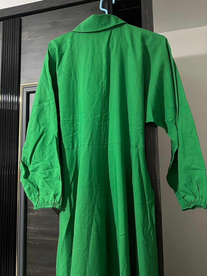 Uzun Yeşil V Yaka Salaş Elbise - Görsel 4