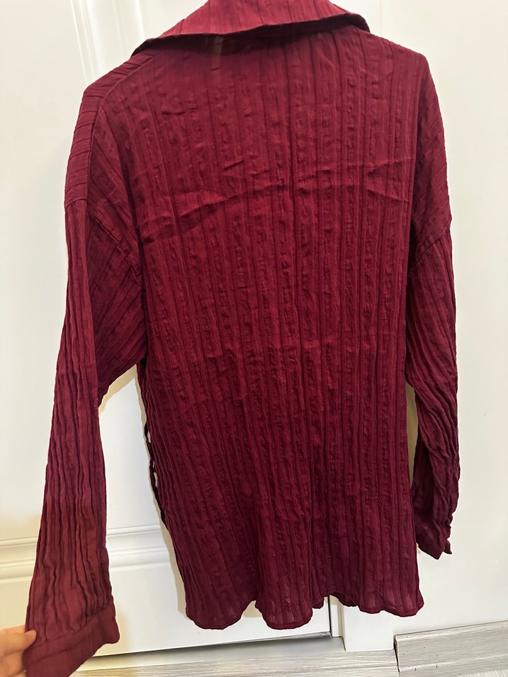 Düğmeli Mor Keten Kadın Gömlek - Görsel 3