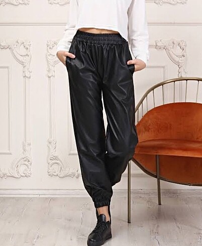 Lastikli Siyah Siyah Deri Pantolon M/L/XL