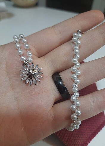 İncili Ayçiçeği çelik kolye  - Görsel 2