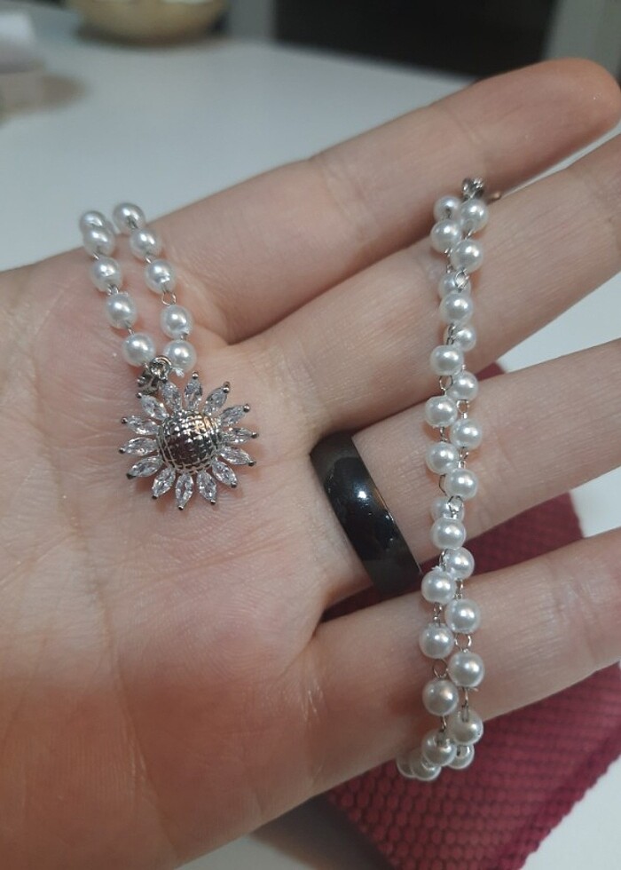 İncili Ayçiçeği çelik kolye  - Görsel 2