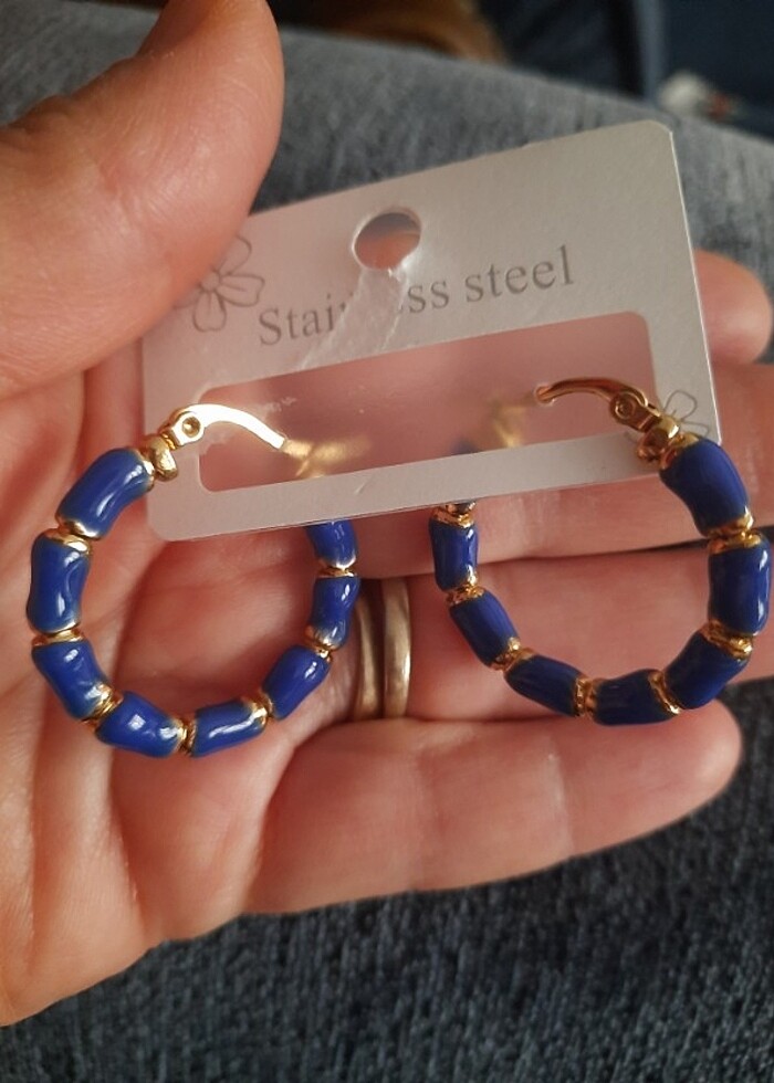 Lacivert mineli çelik küpe - Görsel 2