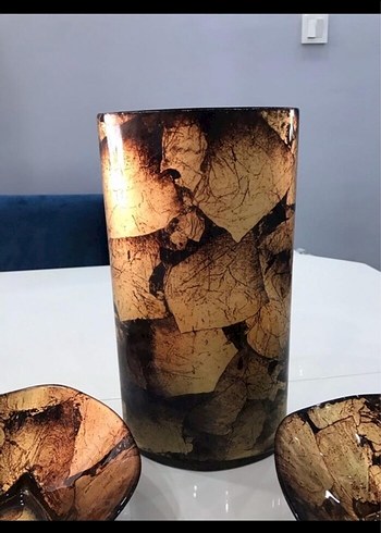 Kahverengi Desenli Vazo ve Tabak Seti - Görsel 3