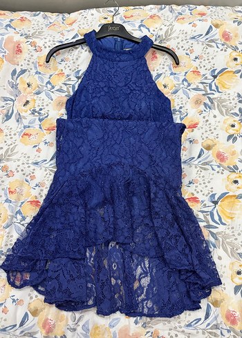 Lacivert Dantel Yüksek Yaka Uzun Abiye Elbise - Görsel 2