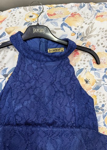 Lacivert Dantel Yüksek Yaka Uzun Abiye Elbise - Görsel 3