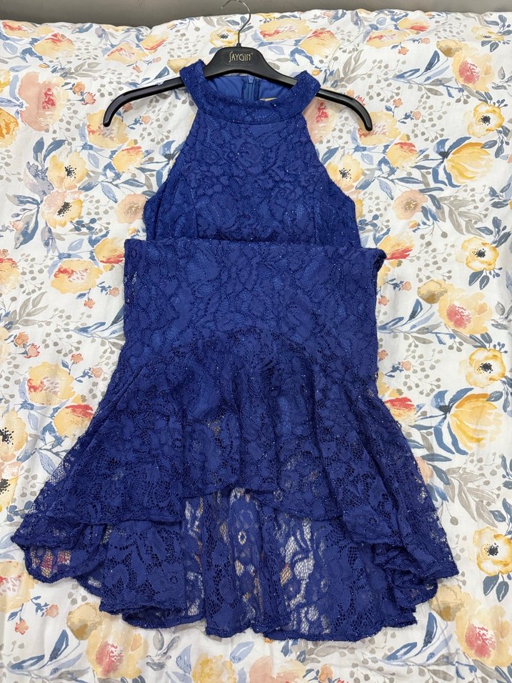 Lacivert Dantel Yüksek Yaka Uzun Abiye Elbise - Görsel 2