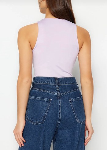 xs Beden Mor Sıfır Yaka Kolsuz Crop Top