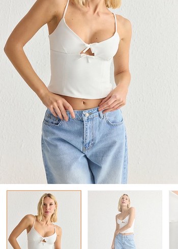 Beyaz Dantelli V Yaka İp Askılı Büstiyer - Görsel 3