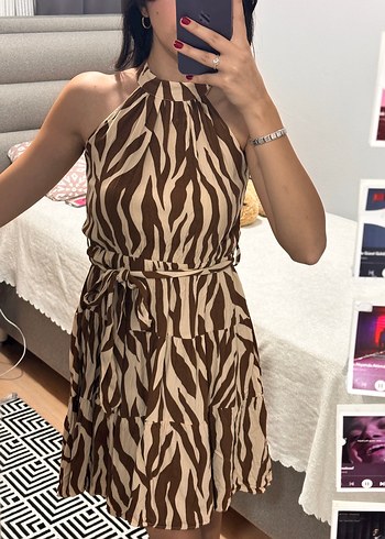 s Beden kahverengi Renk Kahverengi Zebra Desenli Mini Elbise