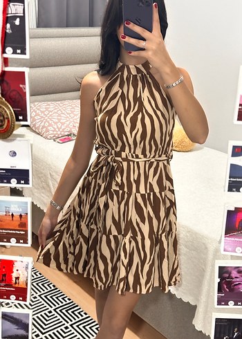 Kahverengi Zebra Desenli Mini Elbise