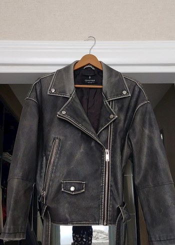 Stradivarius Antrasit Deri Biker Ceket
