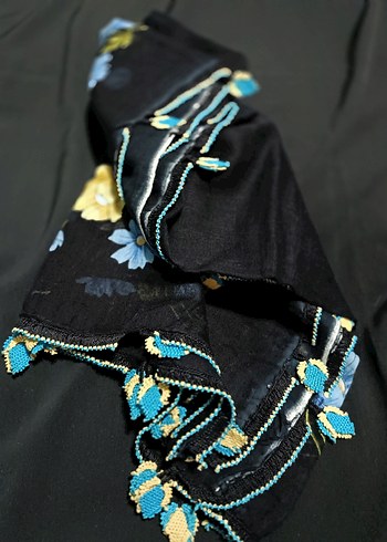 Boncuk İşlemeli Mavi Bohem Kadın Şal - Görsel 5