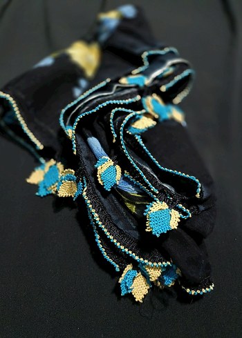 Boncuk İşlemeli Mavi Bohem Kadın Şal - Görsel 3