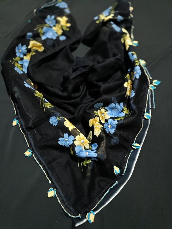 Boncuk İşlemeli Mavi Bohem Kadın Şal - Görsel 2