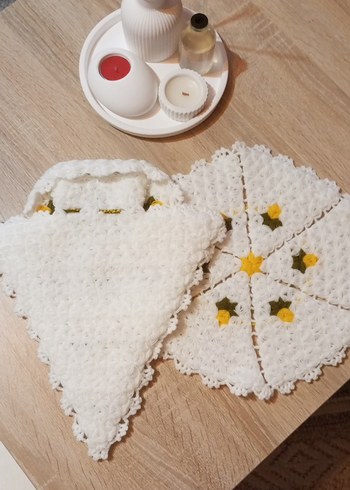 El Yapımı Beyaz Sarı Çiçekli Örgü lif takımı - Görsel 2