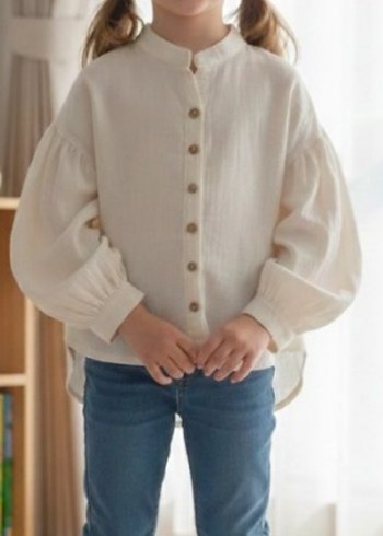 Kız Çocuk Beyaz Pamuklu Düğmeli Bluz - Görsel 2