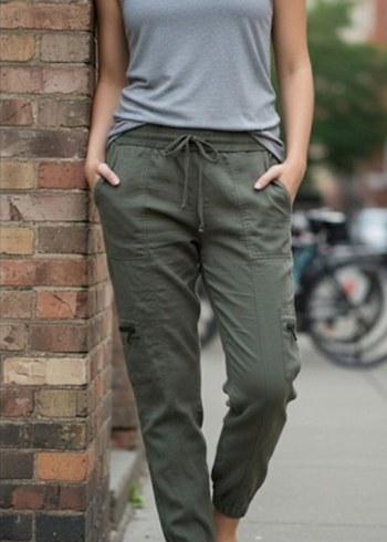 PRUVA Ş Haki Rahat Kesim Midi Kumaş Pantolon - Görsel 2