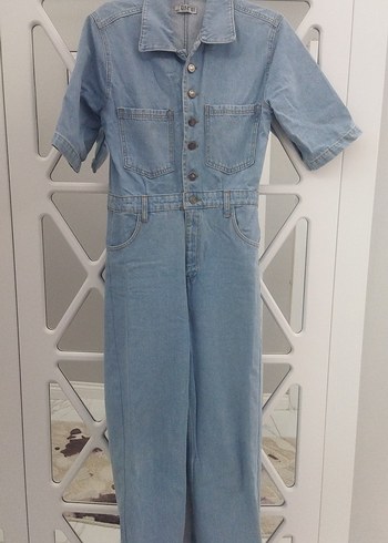 Düğmeli Mavi Denim Midi Tulum