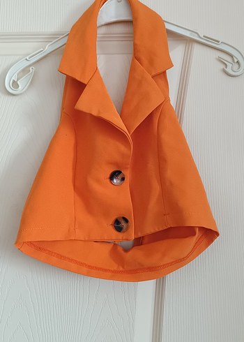 Düğmeli Kısa Turuncu Kadın Yelek crop