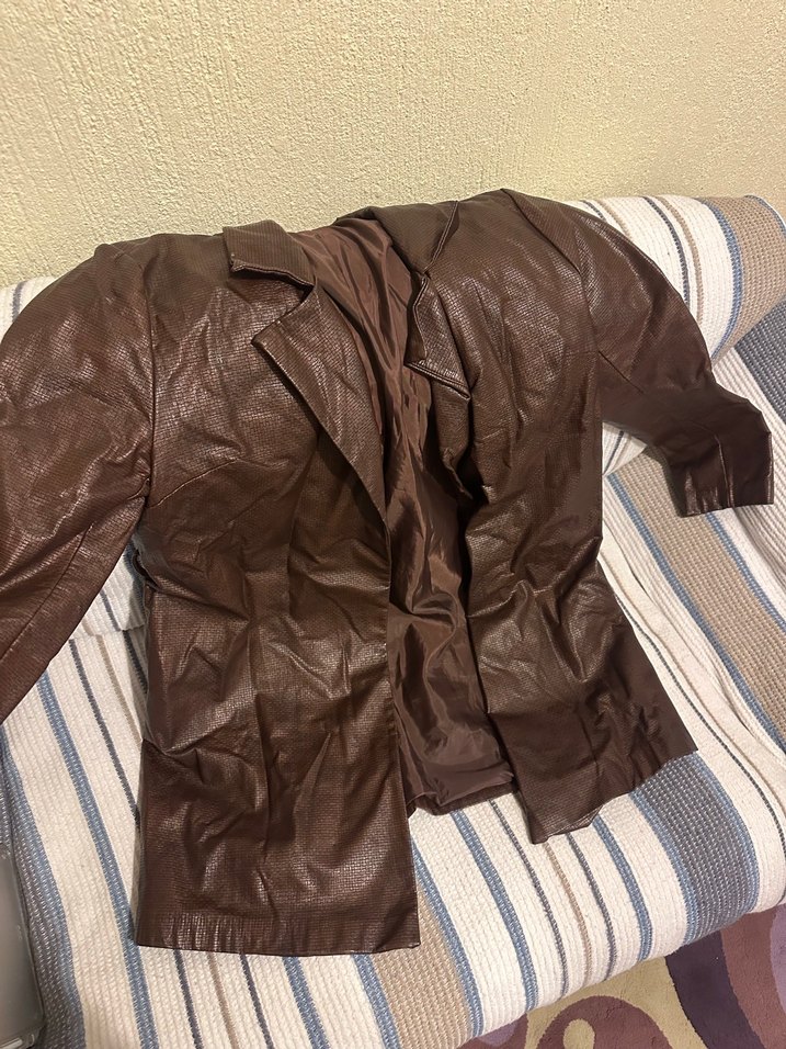 Kahverengi Deri Drapeli Kadın Ceket - Görsel 2