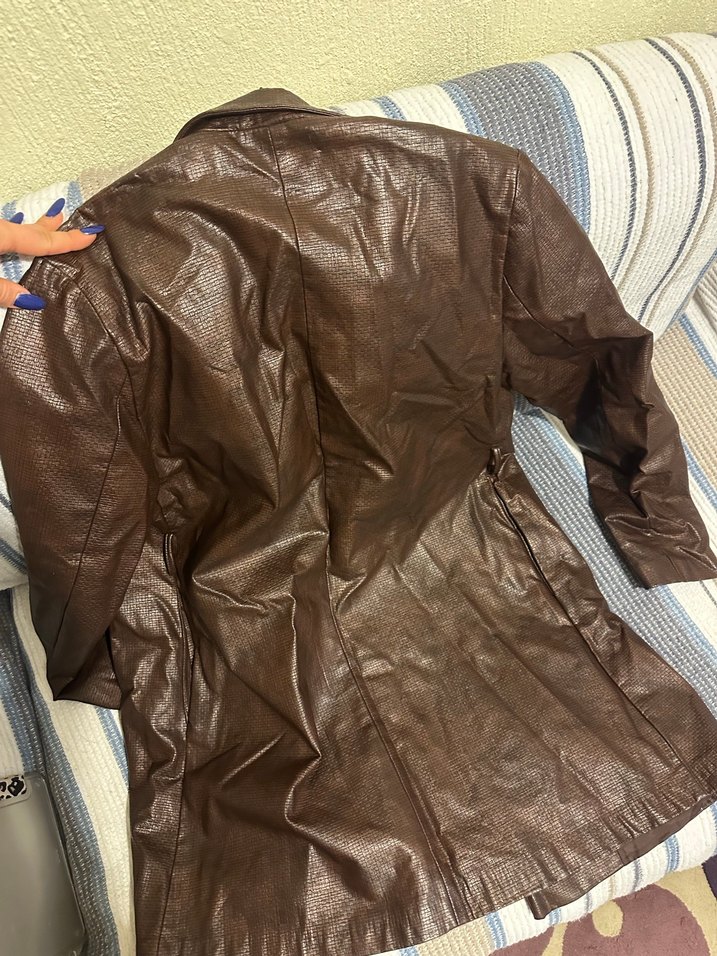 Kahverengi Deri Drapeli Kadın Ceket - Görsel 3