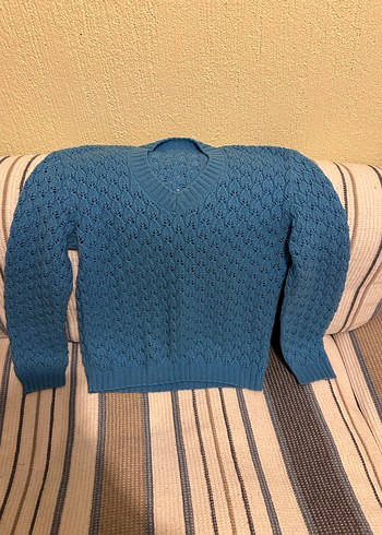 Mavi V Yaka Kadın Triko Kazak - Görsel 2