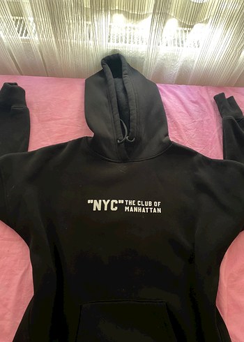 m Beden Siyah Kapüşonlu NYC Baskılı Sweatshirt