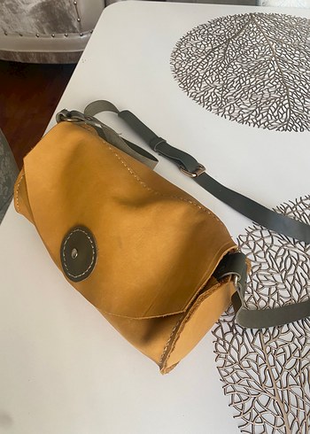  Beden Vintage Sarı/Haki Hakiki Deri Bohem El Yapımı Kadın Çanta