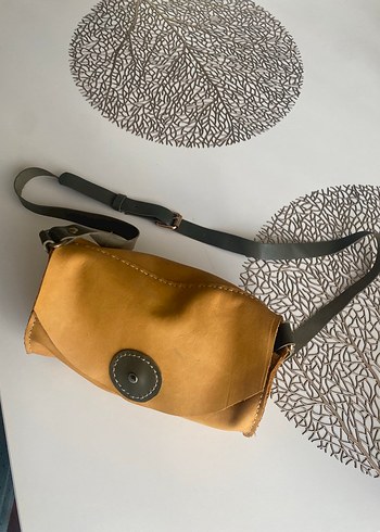 Vintage Sarı/Haki Hakiki Deri Bohem El Yapımı Kadın Çanta