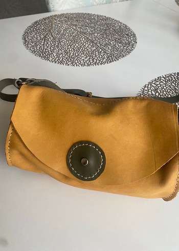 Diğer Vintage Sarı/Haki Hakiki Deri Bohem El Yapımı Kadın Çanta